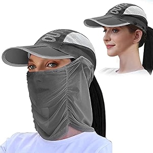 palay sun hats for women with face amp neck flap foldable fishing hat caps for women detachable face mask cover set fashion breathable uv protection hat for cycling camping hiking grey upf 50
