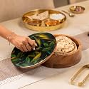 Pallav Acacia Wood Roti Box with Metal Tong | Handcrafted Chapati &amp; Paratha Storage | Wooden Hot Box for Kitchen &amp; Dining | Serving Box | Natural Finish | 9.5 x 9.5 x 4 Inch