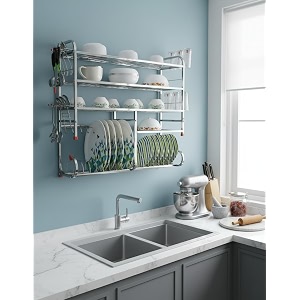 palomino kitchen dish rack  wall mounted  5 shelves  stainless steel utensil rack holds 18 plates  space-saving  rustproof  easy assembly 285 x 285 inch
