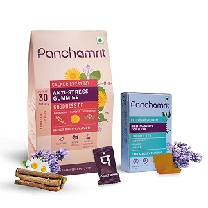 panchamrit sound sleep bundle  reduces stress levels improves sleep cycle and enhances sleep quality non-habit forming  enriched with ashwagandha chamomile and valerian root  melatonin 5mg