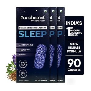 panchamrit sleep sustained release capsule with 5mg melatonin magnesium valerian root tart cherry undisturbed deep sleep supplement non-habit forming safe natural sleep aid pack of 3 30 caps