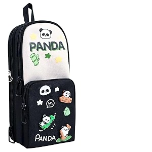 manaki canvas kawaii 3 compartment cute pencil case for girls large capacity pen pencil pouch smooth zipper multifunctional stationery organizer for school office 3 compartment black panda pouch