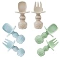 PandaEar 6 Pack Silicone Baby Spoons and Fork Feeding Set- Anti-Choke First Self Feeding Utensils for Baby Led Weaning Ages 3 Months (Blue, Green&amp;Tan)
