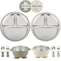PandaEar 8PCS Baby Feeding Set | Stainless Steel Suction Plates and Bowls with Silicone Fork and Spoon Utensils | Baby Led Weaning Tableware for Toddlers & Kids (Tan & Walnut)