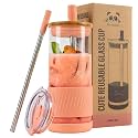 Pandaloo® Glass Cups With Lids and Straws -20 Fl Oz- Perfect Size Iced Coffee Cup - Smoothie Cup With Bamboo Lid and On the go Lid (Peach Fuzz, 1 Count (Pack of 1)