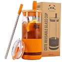 Pandaloo® Glass Cups With Lids and Straws -20 Fl Oz- Perfect Size Iced Coffee Cup - Smoothie Cup With Bamboo Lid and On the go Lid - Glass Tumbler With Straw (1 Count (Pack of 1), Autumn Gold)