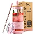 Pandaloo® Glass Cups With Lids and Straws -20 Fl Oz- Perfect Size Iced Coffee Cup - Smoothie Cup With Bamboo Lid and On the go Lid - Glass Tumbler With Straw (1 Count (Pack of 1), Tender Pink)