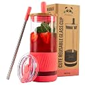 Pandaloo® Glass Cups With Lids and Straws -20 Fl Oz- Perfect Size Iced Coffee Cup - Smoothie Cup With Bamboo Lid and On the go Lid - Glass Tumbler With Straw (1 Count (Pack of 1), Coral)