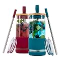Pandaloo® Glass Cups With Lids and Straws -20 Fl Oz- Perfect Size Iced Coffee Cup - Smoothie Cup With Bamboo Lid and On the go Lid - Glass Tumbler (2 Count (Pack of 1), Boysenberry-Intense Teal)