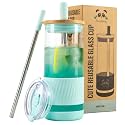 Pandaloo® Glass Cups With Lids and Straws -20 Fl Oz- Perfect Size Iced Coffee Cup - Smoothie Cup With Bamboo Lid and On the go Lid - Glass Tumbler With Straw (1 Count (Pack of 1), Carribean Blue)