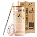 Pandaloo® Glass Cups With Lids and Straws -20 Fl Oz- Perfect Size Iced Coffee Cup - Smoothie Cup With Bamboo Lid and On the go Lid - Glass Tumbler With Straw (1 Count (Pack of 1), Vanilla Cream)