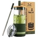 Pandaloo® Glass Cups With Lids and Straws -20 Fl Oz- Perfect Size Iced Coffee Cup - Smoothie Cup With Bamboo Lid and On the go Lid - Glass Tumbler With Straw (1 Count (Pack of 1), Mediterranean Olive)