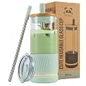 Pandaloo® Glass Cups With Lids and Straws -20 Fl Oz- Perfect Size Iced Coffee Cup - Smoothie Cup With Bamboo Lid and On the go Lid (Sweet Sage, 1 Count (Pack of 1)