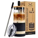 Pandaloo® Glass Cups With Lids and Straws -20 Fl Oz- Perfect Size Iced Coffee Cup - Smoothie Cup With Bamboo Lid and On the go Lid - Glass Tumbler With Straw (1 Count (Pack of 1), Black Saphir)