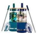Pandaloo® Glass Cups With Lids and Straws -20 Fl Oz- Perfect Size Iced Coffee Cup - Smoothie Cup With Bamboo Lid and On the go Lid - Glass Tumbler (2 Count (Pack of 1), Intense Teal-Galactic Blue)
