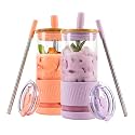 Pandaloo® Glass Cups With Lids and Straws -20 Fl Oz- Perfect Size Iced Coffee Cup - Smoothie Cup With Bamboo Lid and On the go Lid - Glass Tumbler (2 Count (Pack of 1), Peach Fuzz-Lilac Rhapsody)