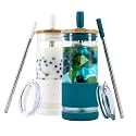 Pandaloo® Glass Cups With Lids and Straws -20 Fl Oz- Perfect Size Iced Coffee Cup - Smoothie Cup With Bamboo Lid and On the go Lid - Glass Tumbler (2 Count (Pack of 1), Coton White-Intense Teal)