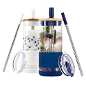 Pandaloo® Glass Cups With Lids and Straws -20 Fl Oz- Perfect Size Iced Coffee Cup - Smoothie Cup With Bamboo Lid and On the go Lid - Glass Tumbler (2 Count (Pack of 1), Galactic Blue-Coton White)
