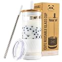 Pandaloo® Glass Cups With Lids and Straws -20 Fl Oz- Perfect Size Iced Coffee Cup - Smoothie Cup With Bamboo Lid and On the go Lid - Glass Tumbler With Straw (1 Count (Pack of 1), Coton White)