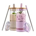 Pandaloo® Glass Cups With Lids and Straws -20 Fl Oz- Perfect Size Iced Coffee Cup - Smoothie Cup With Bamboo Lid and On the go Lid - Glass Tumbler (2 Count (Pack of 1), Lilac-Creamy Mushroom)
