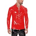 Panegy Men's Liquid Shiny Leather Shirt Jacket Slim Fit Wetlook Party Nightout Club 70s/80s Disco Blouse Tshirt