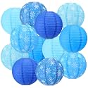 Panelee 12 Pcs Winter Snowflake Paper Lanterns 8 Inch Blue Round Hanging Paper Lanterns Holiday Party Decorations for Christmas Birthday Baby Shower Party Home Indoor Outdoor Decor