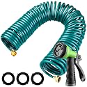 Pangda Expandable Coil Garden Hose 100 ft with Spray Nozzle, Green