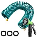 Pangda Expandable Coil Garden Hose 25 ft with Spray Nozzle, Green