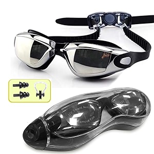 swimming goggles uv protection anti-fog for men women kids with solid protection case - swim glasses assured no leaking with adjustable strap swimming goggles - silver