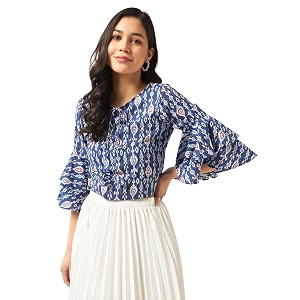 pannkh womens blue cotton ikat print top  crew neck half sleeve bell sleeve regular fit western style  stylish casual blouse trendy ethnic print top for daily office brunch amp festive outings