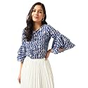 Pannkh Women’s Blue Cotton Ikat Print Top | Crew Neck Half Sleeve Bell Sleeve Regular Fit Western Style | Stylish Casual Blouse, Trendy Ethnic Print Top for Daily, Office, Brunch & Festive Outings