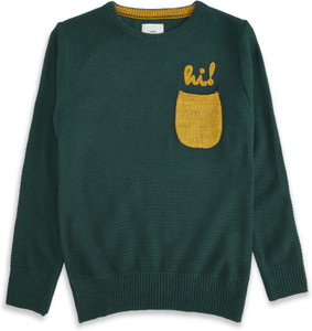 pantaloons junior self design round neck casual boys green yellow sweater