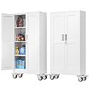 PAOFIN 61''H Metal Garage Storage Cabinet with Wheels,Steel File Cabinets with 2 Doors and 3 Adjustable Shelves for Home Office, Warehouse, Required Assembly,White