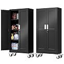 PAOFIN 61''H Metal Garage Storage Cabinet with Wheels,Steel File Cabinets with 2 Doors and 3 Adjustable Shelves for Home Office, Warehouse, Required Assembly,Black