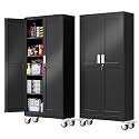 PAOFIN 71''H Tall Metal Garage Storage Cabinet with Wheels,Steel File Cabinets with 2 Doors and 4 Adjustable Shelves for Home Office, Warehouse, Required Assembly,Black