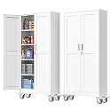 PAOFIN 71''H Tall Metal Garage Storage Cabinet with Wheels,Steel File Cabinets with 2 Doors and 4 Adjustable Shelves for Home Office, Warehouse, Required Assembly,White