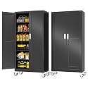 PAOFIN 74" Black Metal Locking Garage Storage Cabinet with Wheels