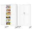 PAOFIN 74" White Metal Locking Garage Storage Cabinet with Wheels
