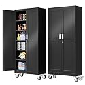PAOFIN 75''H Metal Garage Storage Cabinet with Wheels,Steel File Cabinets with 2 Doors and 5 Adjustable Shelves for Home Office, Warehouse, Required Assembly,Black