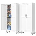 PAOFIN 75''H Metal Garage Storage Cabinet with Wheels,Steel File Cabinets with 2 Doors and 5 Adjustable Shelves for Home Office, Warehouse, Required Assembly,White