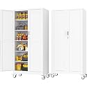 PAOFIN 79" White Metal Locking Garage Storage Cabinet with Wheels