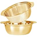 Paoli 304 Stainless Steel Fine Mesh Colander Set, 3.5QT Large Capacity Strainer with Mixing Bowl — Rinse Fruits, Veggies, Rice &amp; Drain Pasta, Dishwasher Safe (2-Piece Gold)