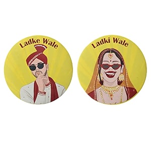 papboo ladke wale and ladki wale combo team groom glossy finished wedding badges multicolor 54 mm pack of 30