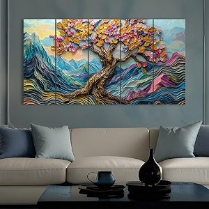 paper plane design large wishing tree wall art for living room  5-panel nature painting  large 27 x 50 inches  vibrant home amp office decor d