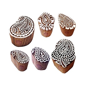 paper printing stamps ornate paisley shape wooden blocks set of 6