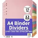 The Paper Shop 12 Tab Dividers for 3 Ring Binder - A4 (25 Pack) | Write-On Binder Dividers with Tabs for Office School & Classroom | Coloured Index Tabs, Blank & Writeable | Bulk 300-Tab Pack