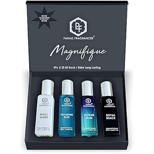 parag fragrances men magnifique liquid perfume gift packlong lasting attar perfume 4 pc of 20ml each pack of musk white maldives blue hawai blue black royal