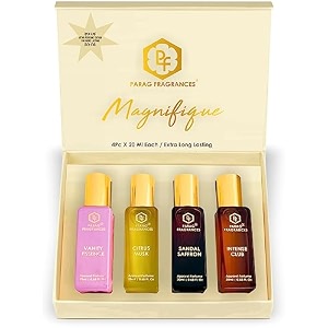 parag fragrances magnifique perfume gift pack for unisex  long lasting attar perfume  4 pc of 20ml each pack liquid vanity citrus musk sandal-saffron intense club