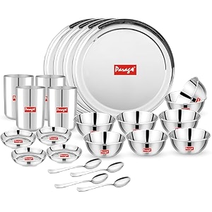 parage 24 pieces heavy gauge sanskriti solid dinner setbuffet setdinnerware for homesteel bartan set for kitchen 4 full plate 8 bowl 4 dish bowl 4 glass 4 spoon silver serves 4