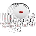 Parage 24 Pieces Heavy Gauge Sanskriti Solid Dinner Set/Buffet Set/Dinnerware For Home/Steel Bartan Set For Kitchen (4 Full Plate, 8 Bowl, 4 Dish Bowl, 4 Glass, 4 Spoon, Silver, Serves 4)